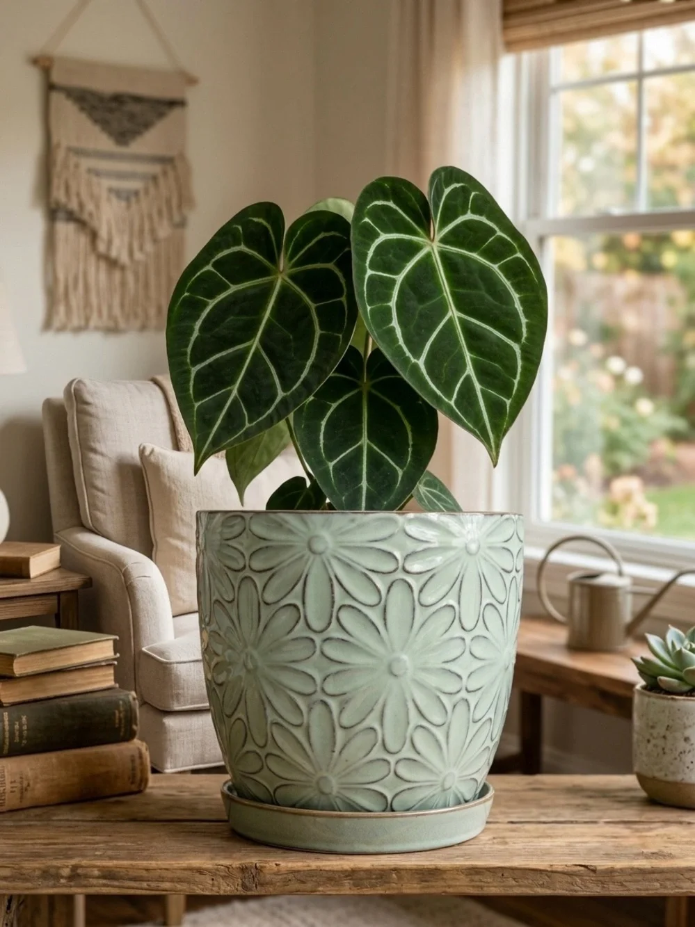 7.4” Mint Green Daisy Ceramic Planter with Saucer & Drainage Hole